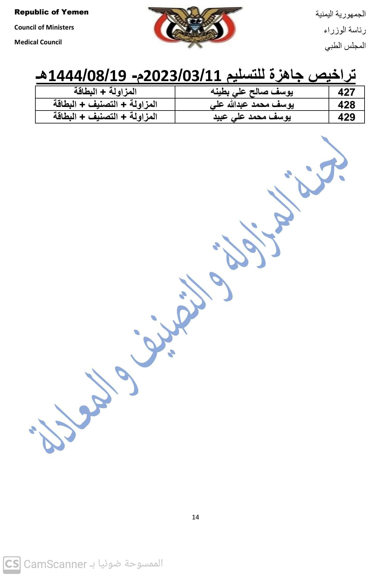 كشف بالتراخيص الجاهزة لدى المجلس بتاريخ 19 شعبان 1444هـ الموافق 11-3-2023 