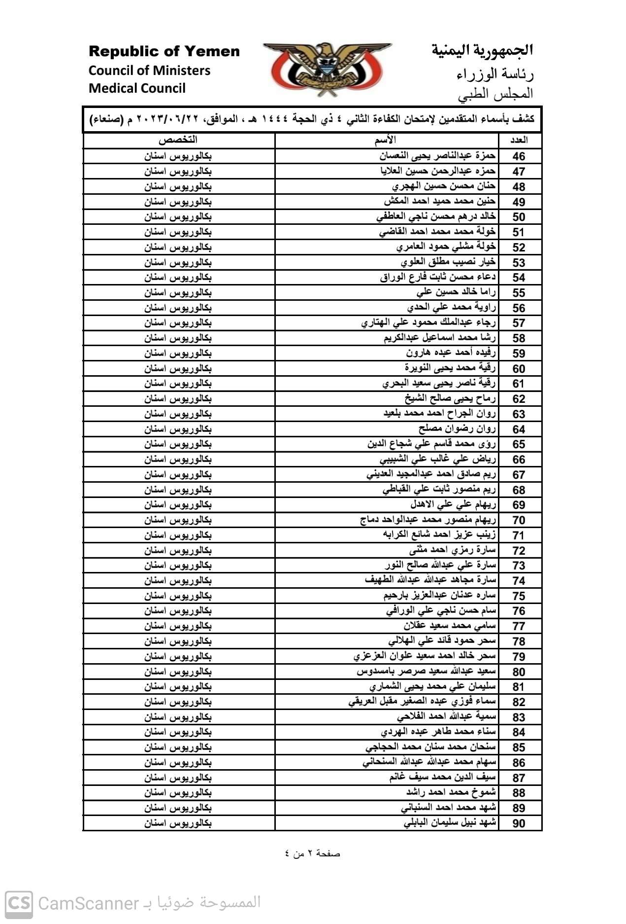 كشف باسماء المتقدمين لامتحان الكفاء الثاني 2023 بامانة العاصمة صنعاء للحصول على تراخيص مزاولة المهنة تخصص (بكالوريوس اسنان)