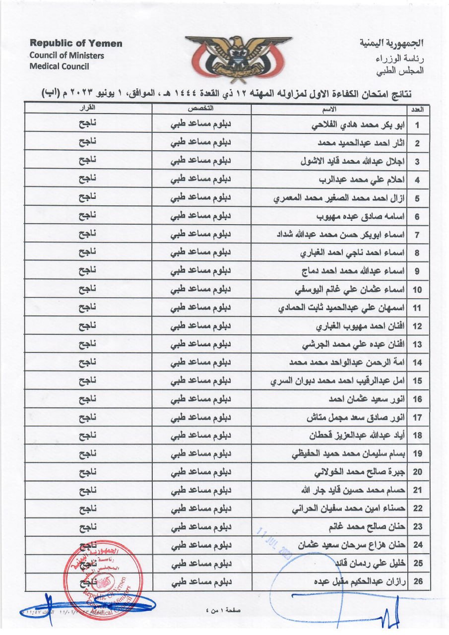 كشف نتائج التخصصات المتبقية للاخوة المتقدمين الناجحين الذين اجتازوا امتحان الكفاءة الاول 2023 (بمحافظة اب) (دبلوم مساعد طبي)