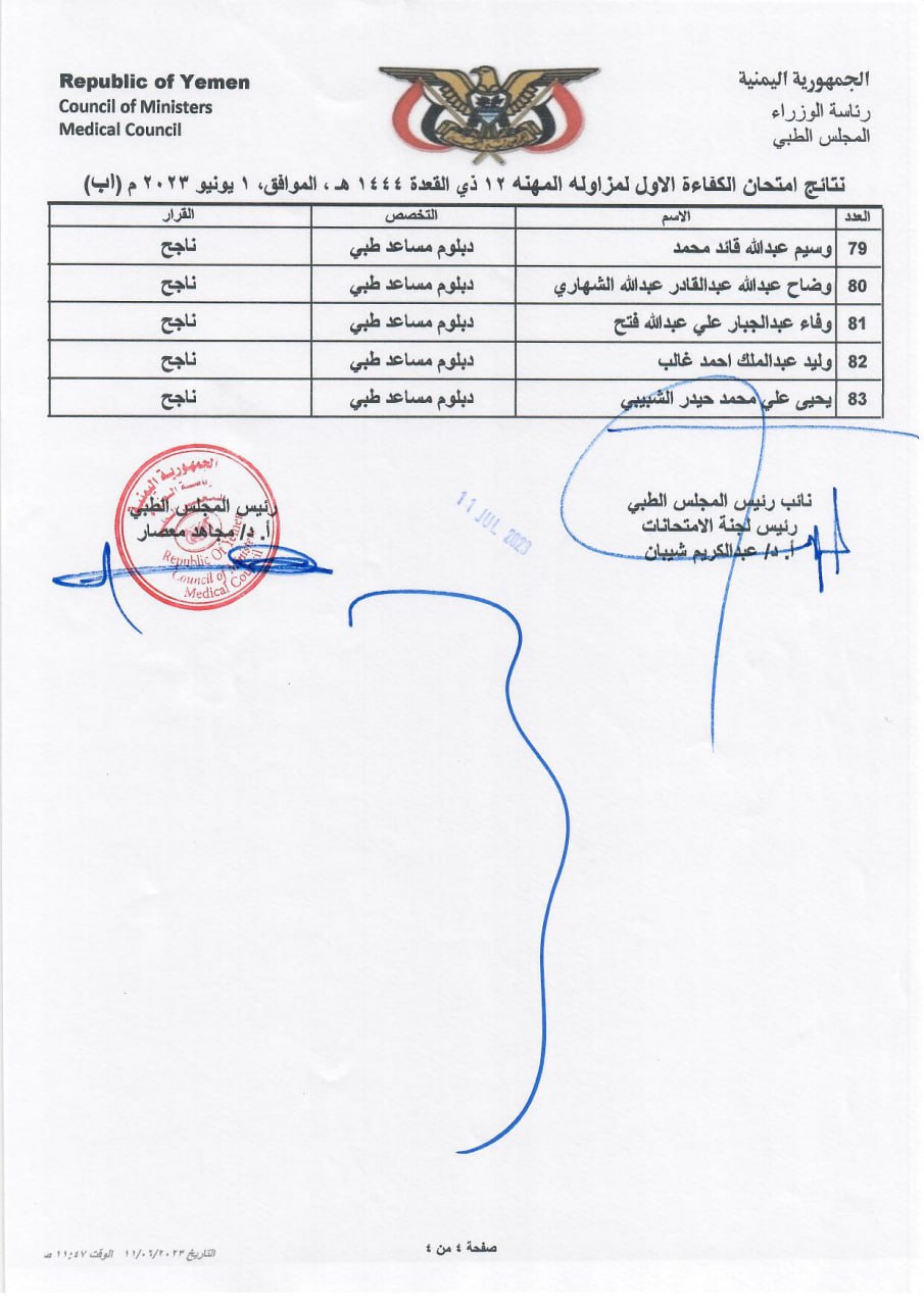 كشف نتائج التخصصات المتبقية للاخوة المتقدمين الناجحين الذين اجتازوا امتحان الكفاءة الاول 2023 (بمحافظة اب) (دبلوم مساعد طبي)