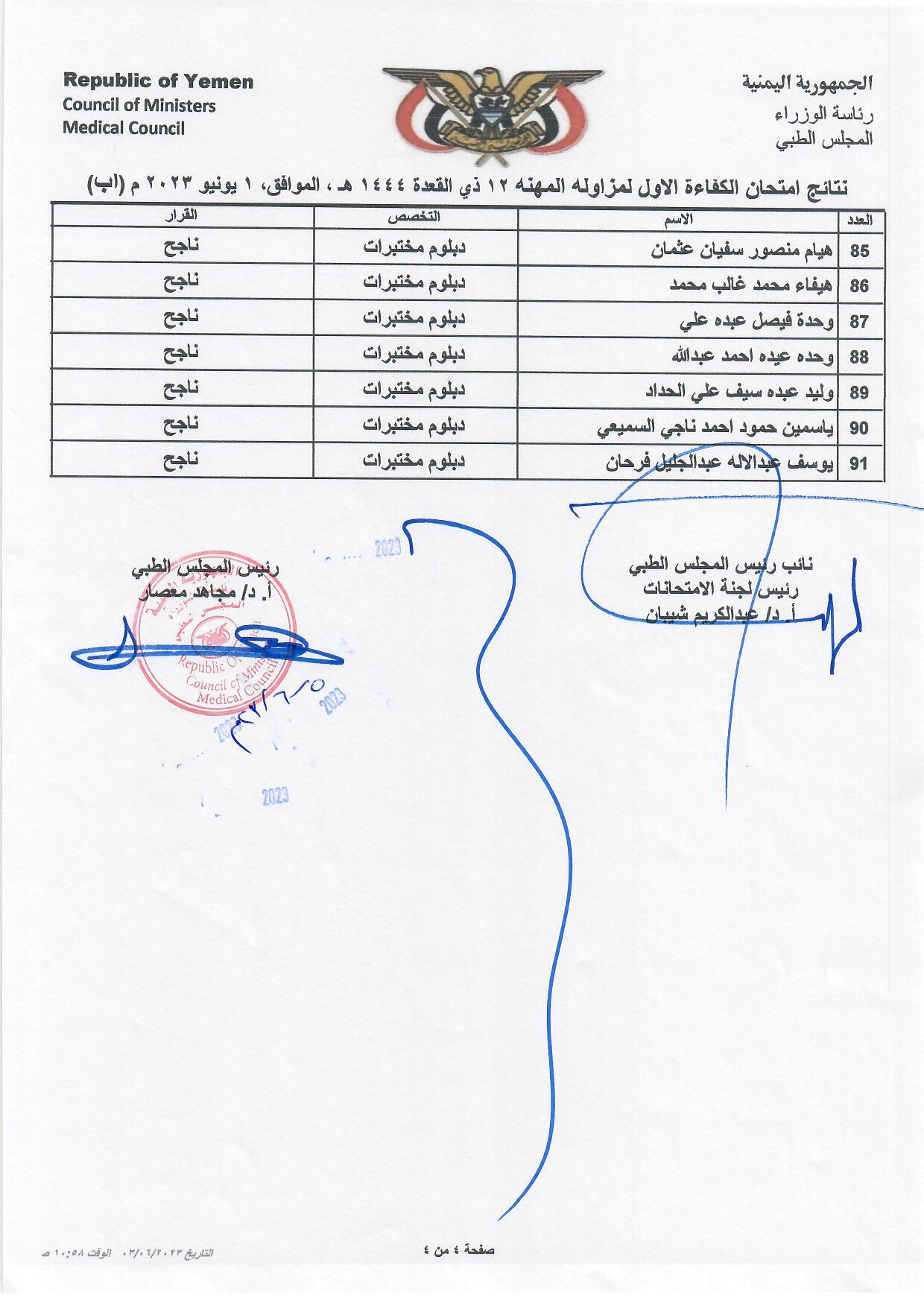 كشف بالاخوة المتقدمين الناجحين الذين اجتازوا امتحان الكفاءة الاول 2023 بمحافظة اب تخصص دبلوم مختبرات